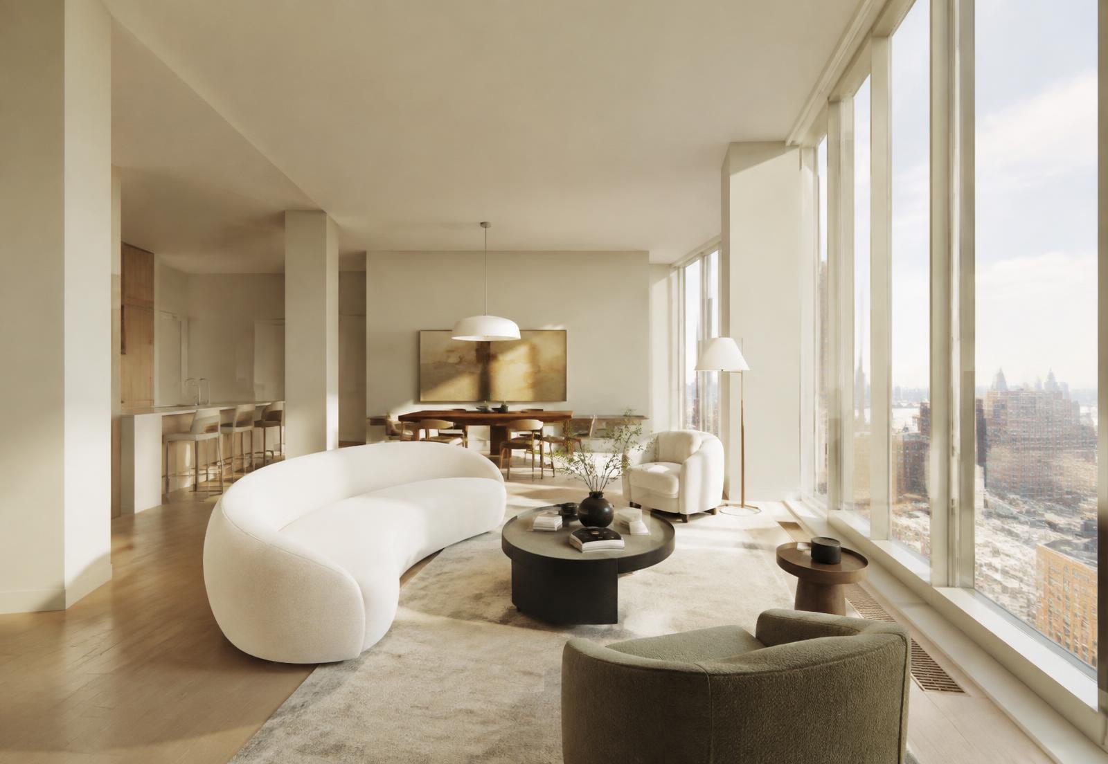 Light-filled living space with tall windows